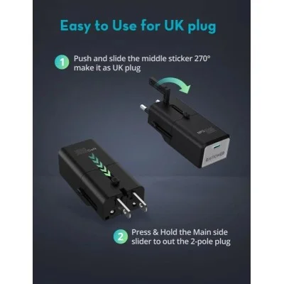 Ravpower Rp-Pc1060 Super Mini 1C Port Pd30W Travel Adpater (Uk,Eu,Us,Aus Plug) - Black